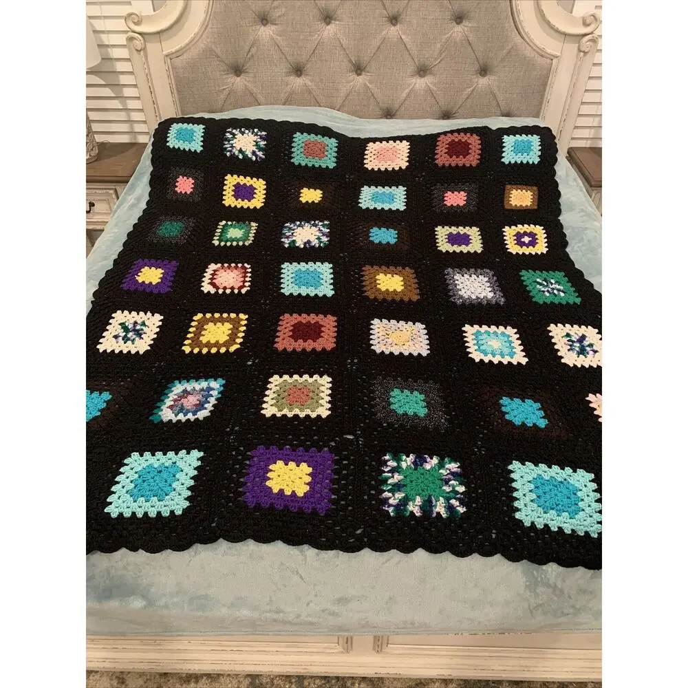VTG Granny Square Black Afghan Crochet Throw Blanket Roseanne 62x68 SOME PILLING